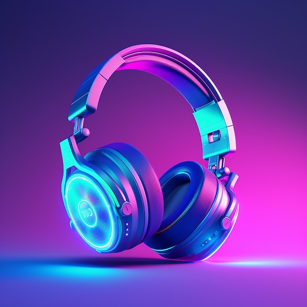 Imagen 3D de auriculares en colores de neón aislados sobre un fondo azul