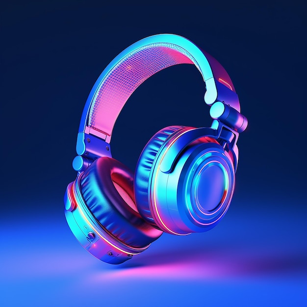 Imagen 3D de auriculares en colores de neón aislados sobre un fondo azul