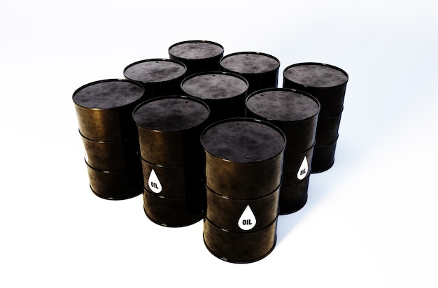 Imagen 3D de barriles de petróleo con fondo blanco.