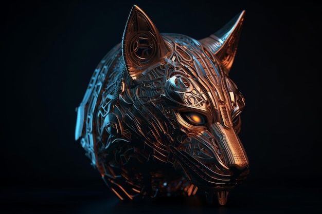 Una imagen en 3D de una cabeza de lobo con ojos brillantes y colores dorado y azul.