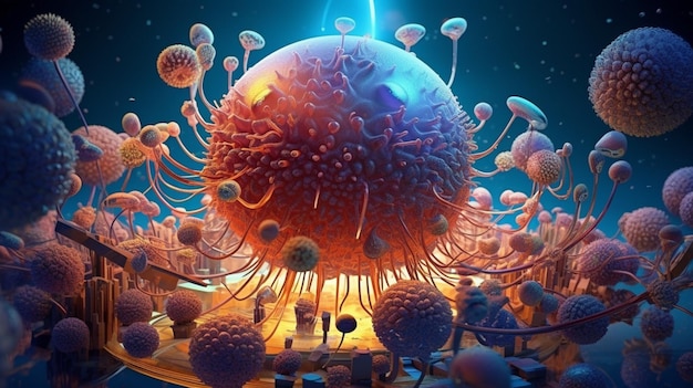 Una imagen 3d de una celda con un fondo azul y un montón de hongos.