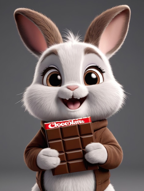 Imagen en 3D de un conejo lindo y peludo al estilo de Disney y Pixar sosteniendo una barra de chocolate y feliz expre