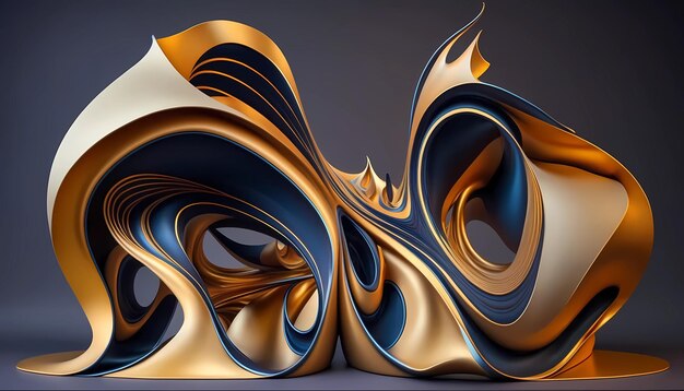 Una imagen en 3D de un diseño fractal dorado y azul.