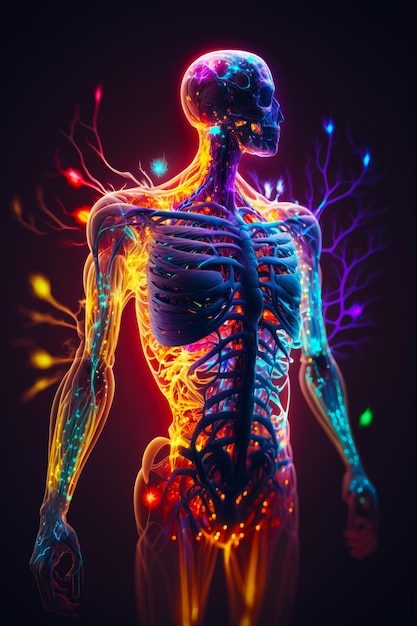 Imagen 3d del esqueleto humano con muchas luces de colores saliendo de él IA generativa