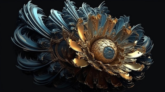Una imagen 3d de una flor con un diseño azul y dorado Generativo ai