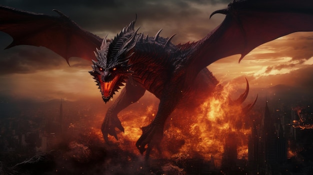 Imagen 3D de un gran dragón rojo similar al dragón de la serie de Juego de Tronos ataca una ciudad y la quema