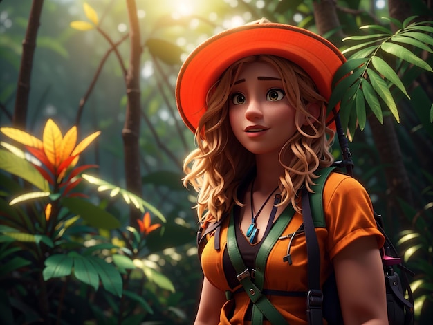 Foto imagen en 3d de una hermosa chica de aventura caminando por la selva