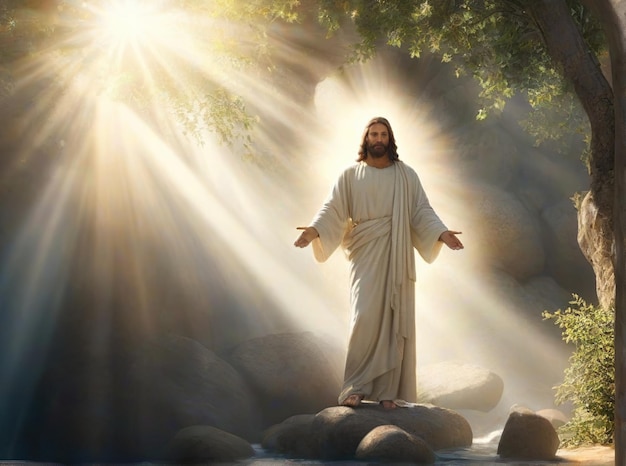 Foto imagen en 3d de jesucristo en un entorno natural sereno con la luz del sol proyectando sombras dinámicas en t