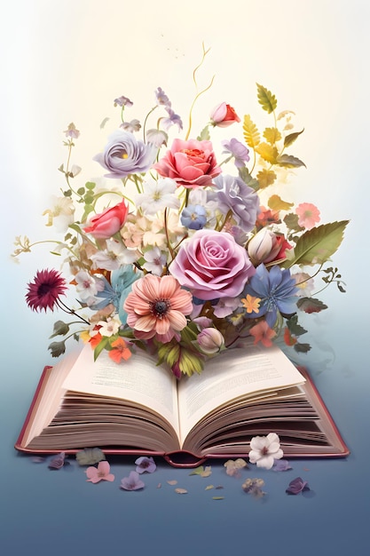 una imagen 3D de un libro floral libro abierto con flores estilo acuarela