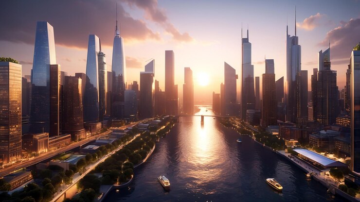 Imagen en 3D de una metrópolis urbana moderna durante la puesta de sol