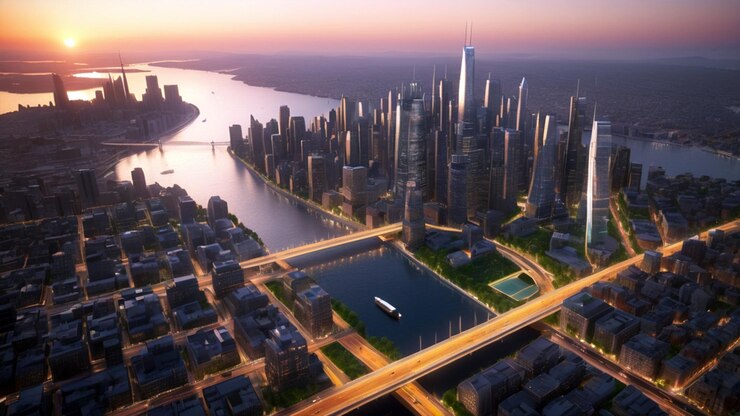 Imagen en 3D de una metrópolis urbana moderna durante la puesta de sol