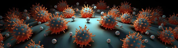 Foto imagen 3d de muchos coronavirus y sus glóbulos rojos en una base oscura en el estilo de naranja y gris