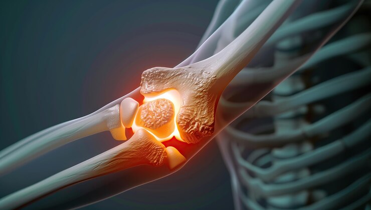 Una imagen 3D muestra una articulación del codo con manchas rojas y naranjas IA generativa