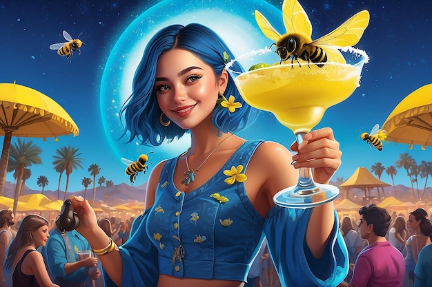 Imagen 3D de una niña sosteniendo un vaso de margarita amarillo con salpicaduras azules en un concierto de coachella con una abeja volando por arte digital