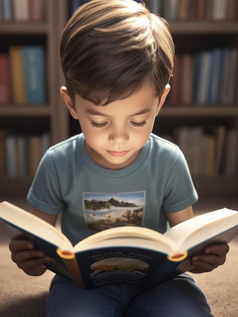 Foto imagen en 3d de un niño de 7 años leyendo un libro