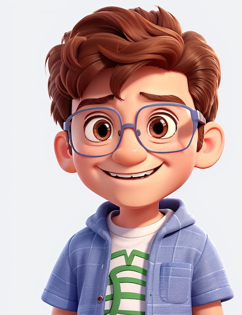 Imagen 3D de un niño lindo con ropa casual con una amplia sonrisa y gafas redondas