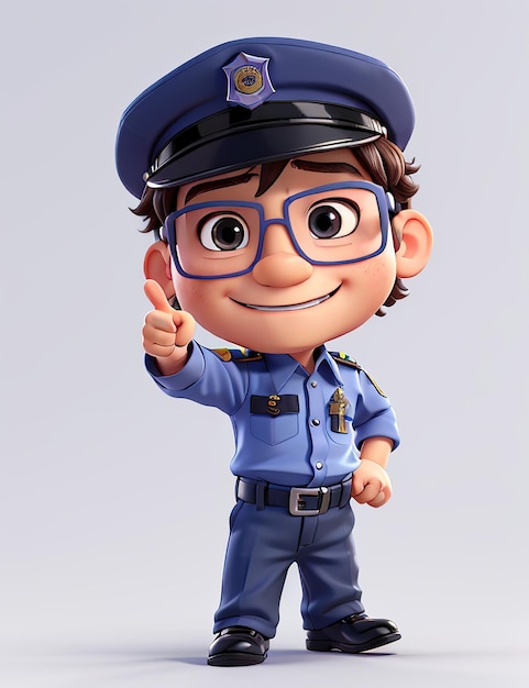 Imagen 3D niño lindo con uniforme de policía con gafas redondas dando un signo de pulgar hacia arriba con su ha