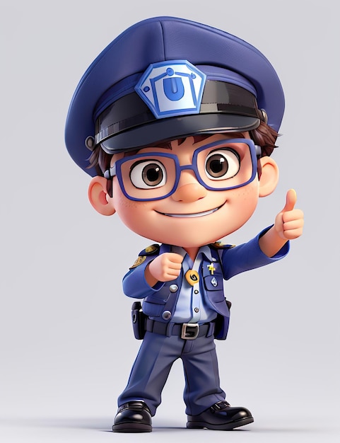 Foto imagen 3d niño lindo con uniforme de policía con gafas redondas dando un signo de pulgar hacia arriba con su ha