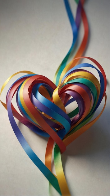 Foto imagen 3d de un objeto en forma de corazón hecho de cintas de arco iris entrelazadas