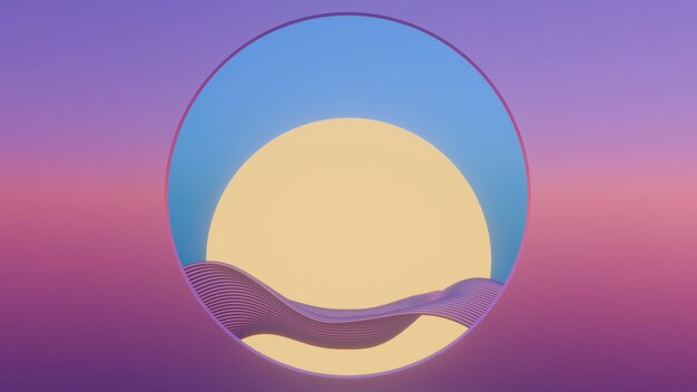 Esta imagen 3D presenta un diseño minimalista de ondas retro con un sol que ofrece una mezcla de estética moderna y elementos nostálgicos