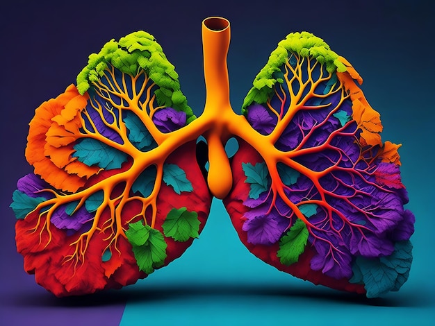 Imagen 3D de pulmones humanos con hojas y flores coloridas Generative Ai