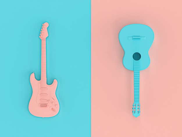 Imagen 3D renderizada en estilo plano de dos guitarras eléctricas.