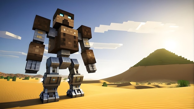 Imagen 3D de un robot espeluznante de Minecraft en el desierto ilustración de arte digital juego de cubo voxel