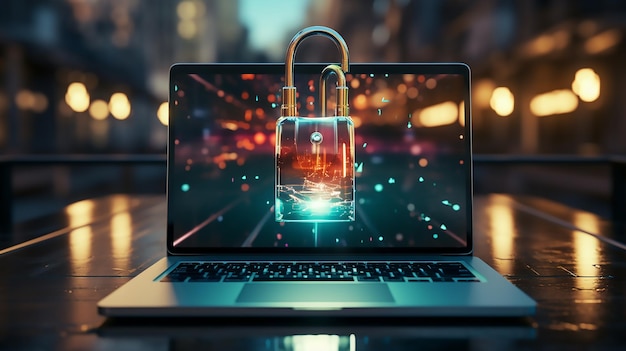 Imagen 3D de seguridad cibernética y candado de protección de datos frente a la computadora portátil que protege el negocio