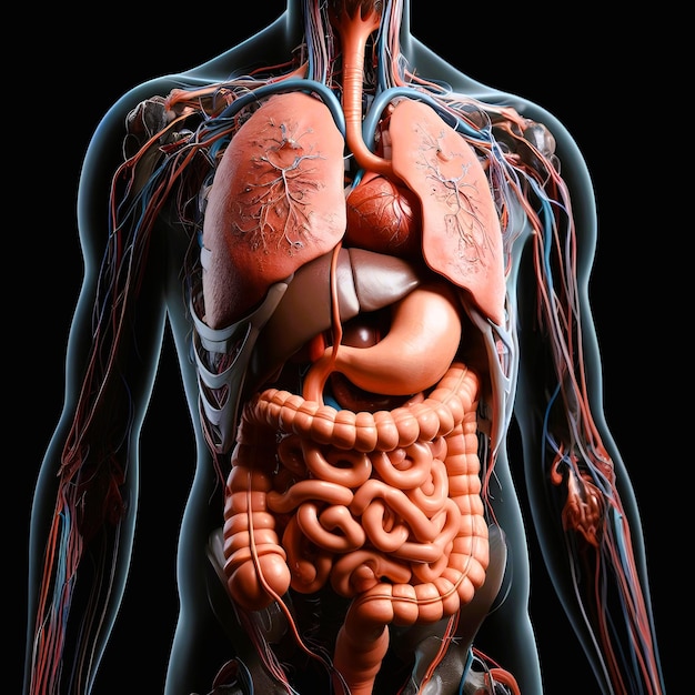 Foto imagen en 3d del sistema digestivo humano y su estructura para médicos y estudiantes de medicina