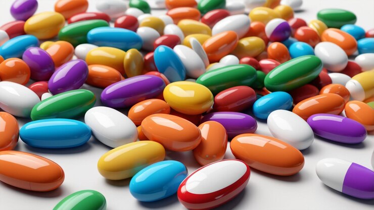 Imagen 3D de varias pastillas esparcidas sobre un fondo blanco