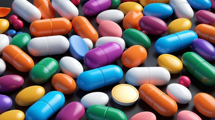 Imagen 3D de varias pastillas esparcidas sobre un fondo blanco