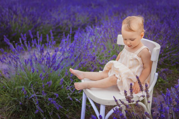 La imagen de abajo muestra a una niña sentada en una silla blanca en un campo de lavanda.