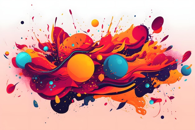Imagen abstracta de bolas y salpicaduras de color rojo anaranjado y azul IA generativa