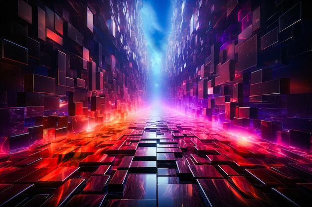 Imagen abstracta de una ciudad futurista con cuadrados rojos y morados IA generativa
