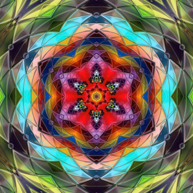 Una imagen abstracta colorida de una flor con una estrella en el centro.