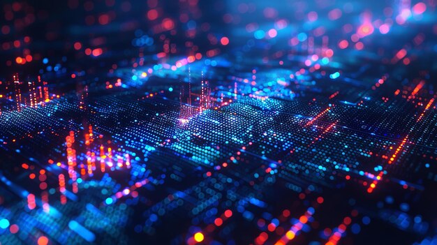 Una imagen abstracta colorida con muchas líneas y puntos de fibra óptica de fondo con líneas brillantes