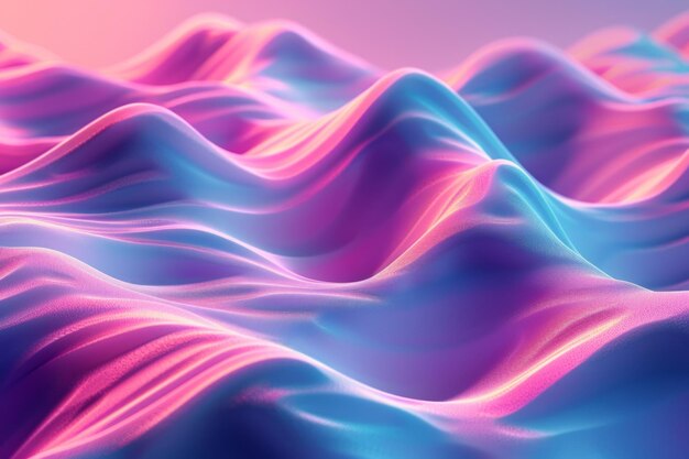 Una imagen abstracta colorida de un océano rosa y azul con montañas en el fondo las olas son