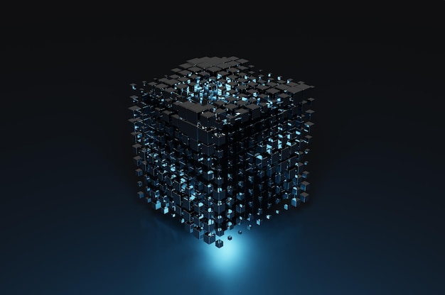 Foto imagen abstracta de cubos metálicos sobre fondo negro iluminado con luces azules renderizado 3d