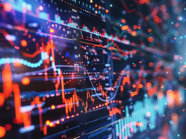 Imagen abstracta de datos financieros y análisis del mercado de valores con gráficos y gráficos coloridos que representan
