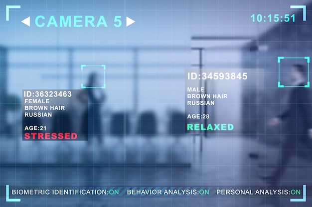 Imagen abstracta de empresarios en el interior de la oficina borrosa con cámara cctv interfaz de reconocimiento facial Escaneo biométrico y concepto de seguridad Doble exposición