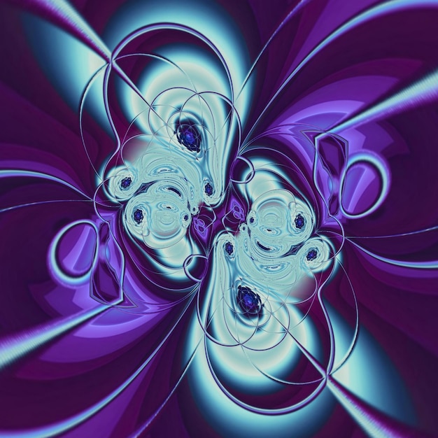 Una imagen abstracta de un fractal azul y morado con un diseño de mariposa.