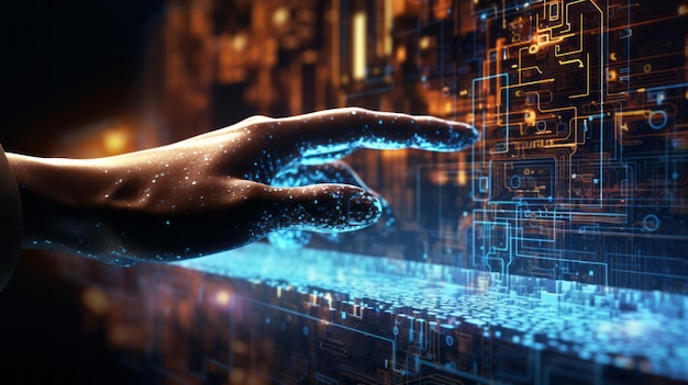 Imagen abstracta futurista de la mano humana tocando un entorno digital de información Mano impregnada de impulsos digitales en contacto con tecnologías virtuales AI concepto de digitalización metaverso