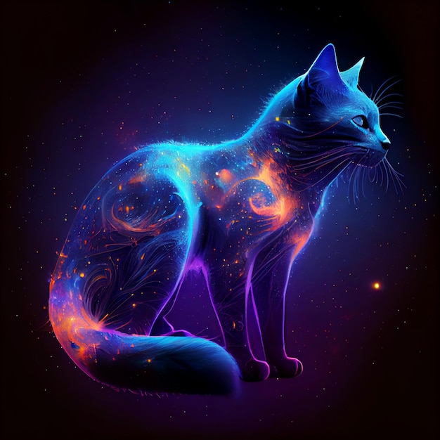 Imagen abstracta del gato espacial en el cielo nocturno y el espacio Galaxia planetas y estrellas