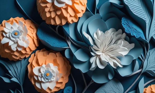 Una imagen abstracta hecha de flores de papel en el estilo de tallas de madera coloridas