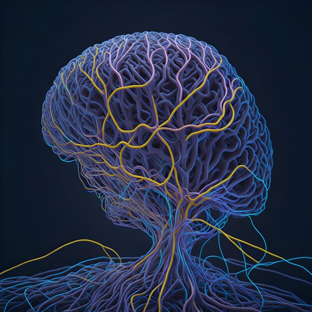 Imagen abstracta de IA de un cerebro brillante parecido a un humano hecho de alambres y cables intrincados