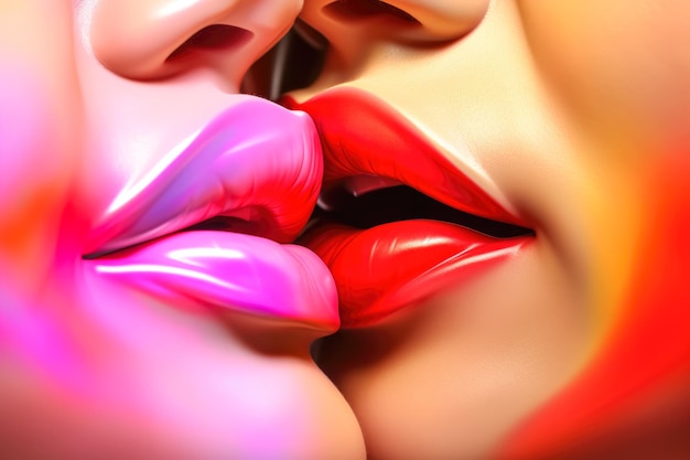 Imagen abstracta ilustración bandera del arco iris cerca de los labios de dos mujeres tocándose entre sí