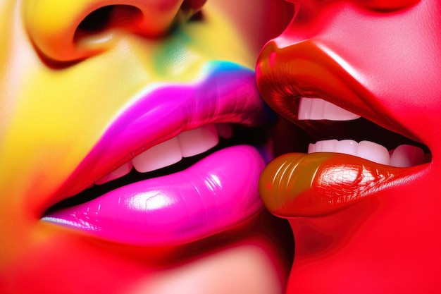 Imagen abstracta ilustración bandera del arco iris cerca de los labios de dos mujeres tocándose entre sí