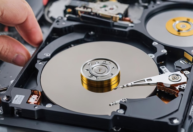 La imagen abstracta del interior de una unidad de disco duro en el escritorio del técnico y una placa base de una computadora como componente el concepto de hardware de datos y tecnología de la información
