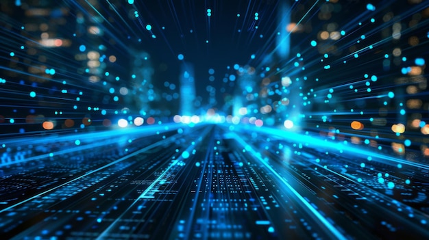 Imagen abstracta de luces borrosas a lo largo de cables de datos que representan conectividad a Internet de alta velocidad y tecnología de transferencia de datos