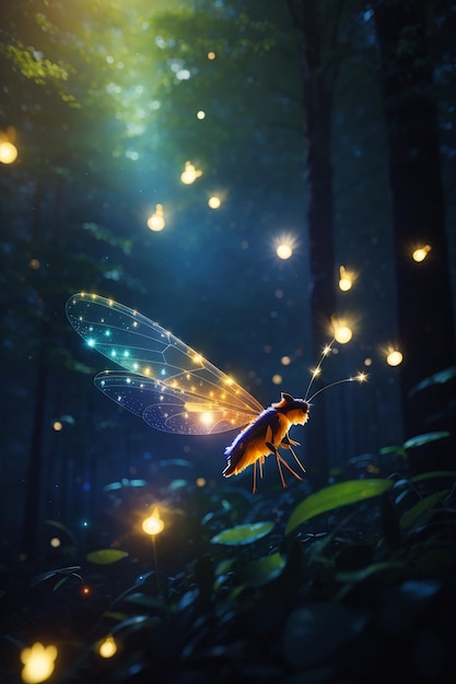 Imagen abstracta y mágica de una luciérnaga volando en el bosque nocturno Concepto de cuento de hadas